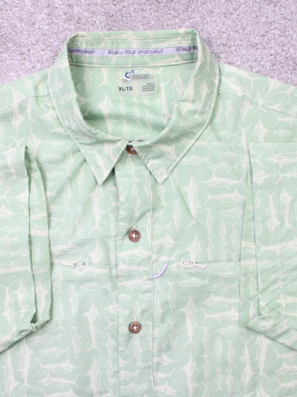 World Wide Sportsman AOP Shirt Mens‎ XL Green Fish All Over Print Short Sleeve